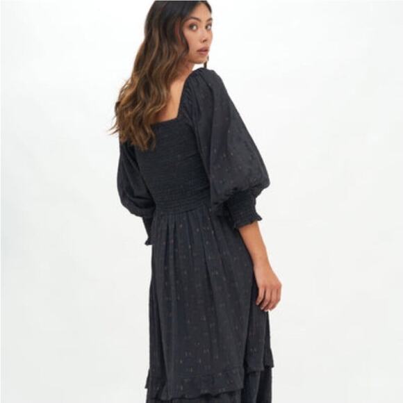 Oliphant Smocked Top Ruffle Tiered Midi Length Dress Midnight Black Gold Small - Picture 10 of 15